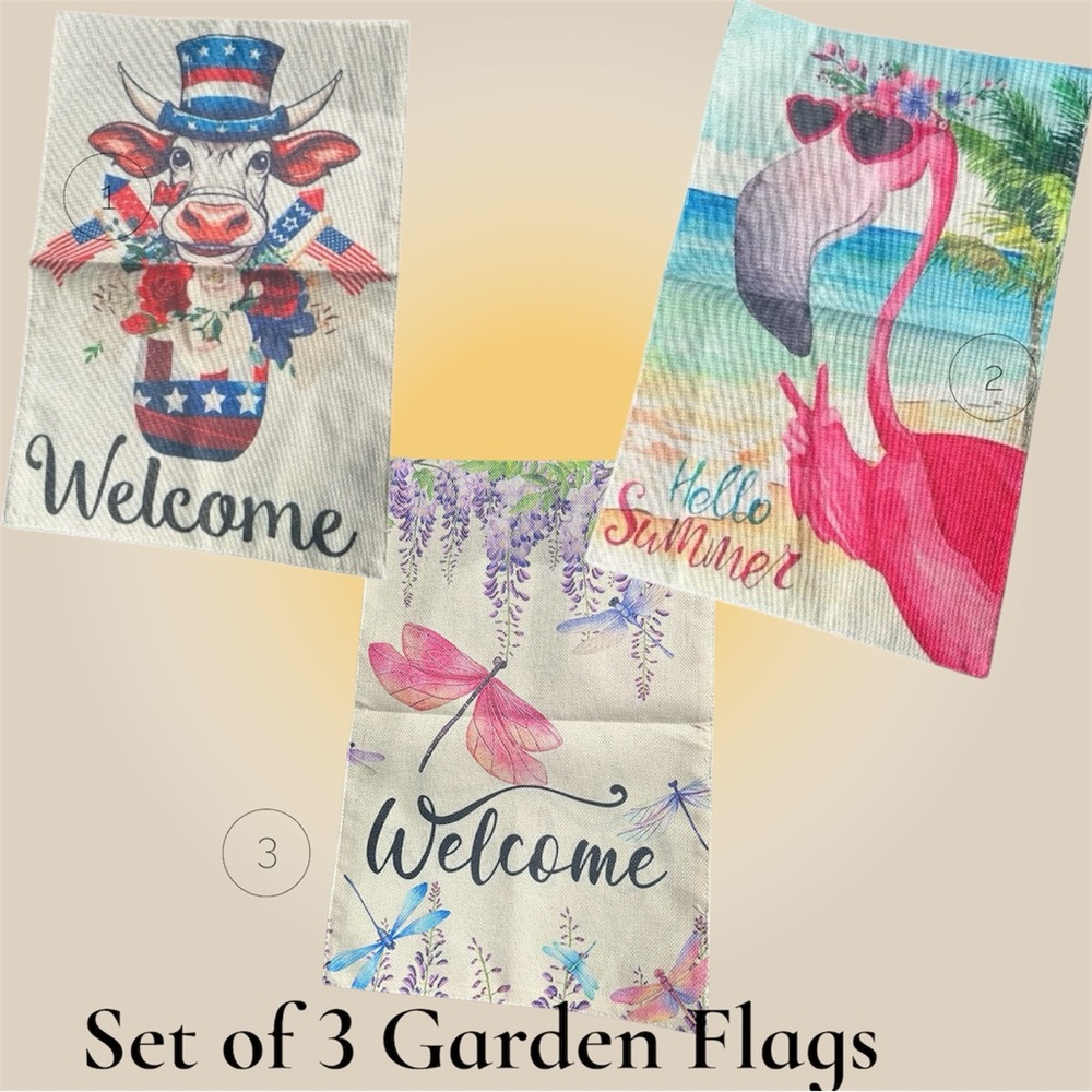 3 Garden Flags Summer, Spring, 4th of July 12” x 18” Canvas Burlap NEW